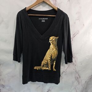 Norma Kamali T Shirt Womens Large Black V Neck Tee Leopard Art Deco Organic